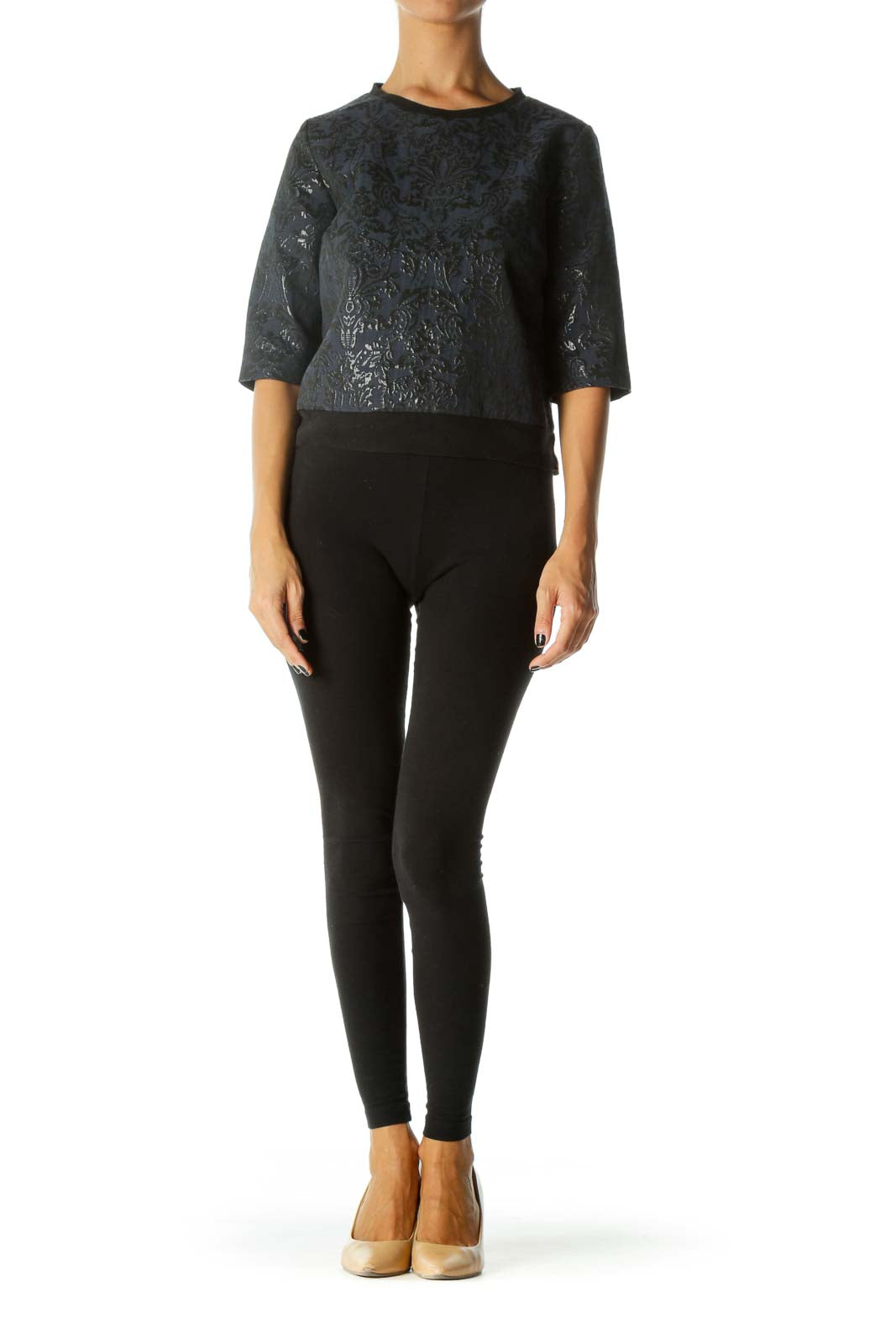 Black Blue Shiny Jacquard 3/4 Sleeve Textured Top