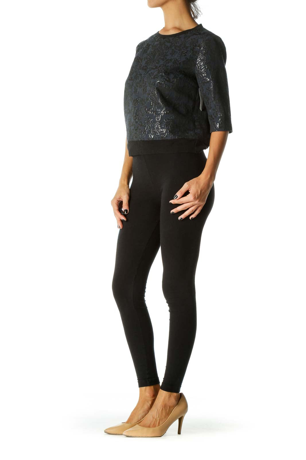 Black Blue Shiny Jacquard 3/4 Sleeve Textured Top