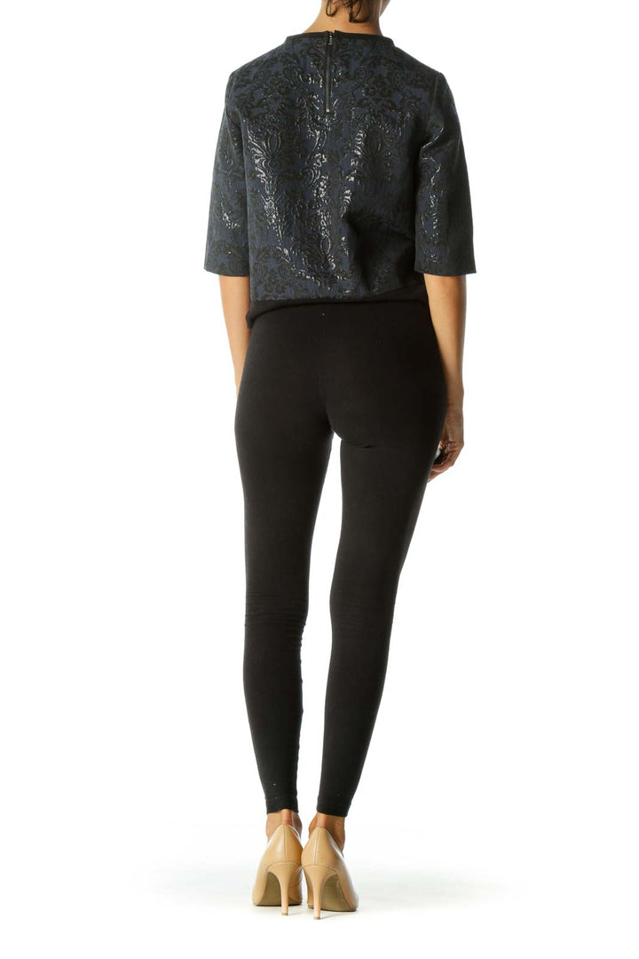 Black Blue Shiny Jacquard 3/4 Sleeve Textured Top