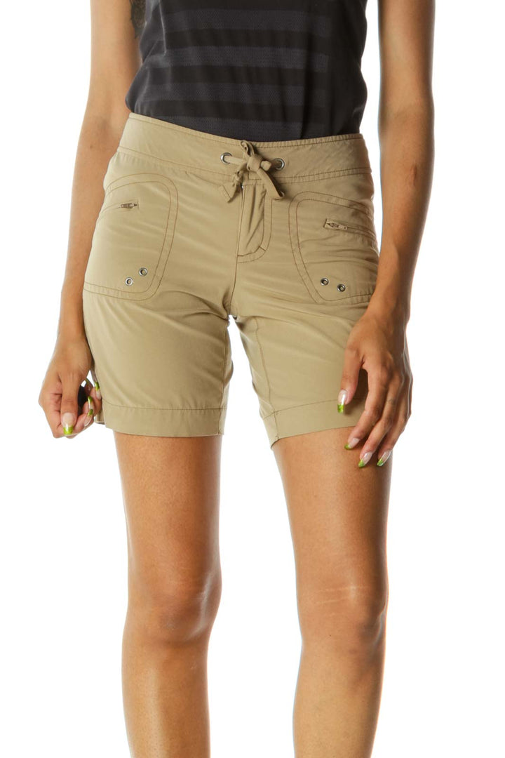 Brown Front Knot Zippered Pockets Stretch Shorts