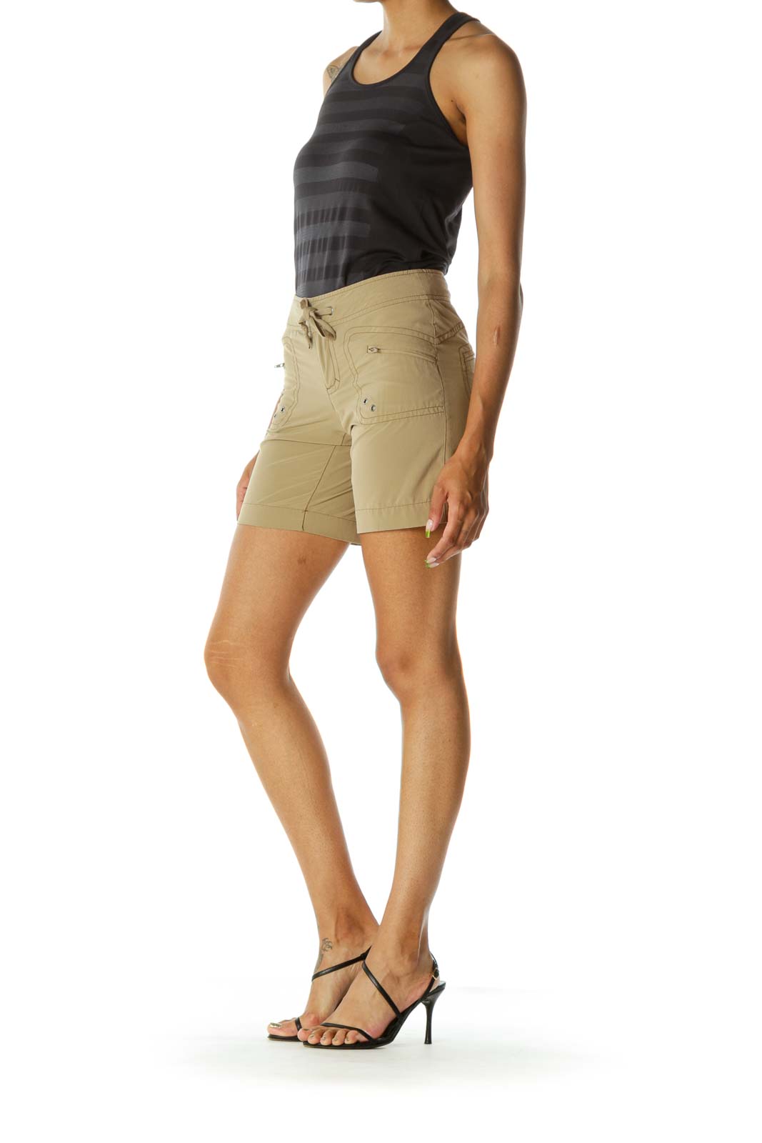 Brown Front Knot Zippered Pockets Stretch Shorts