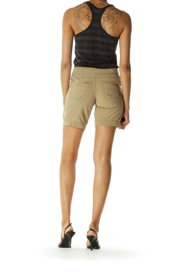 Brown Front Knot Zippered Pockets Stretch Shorts