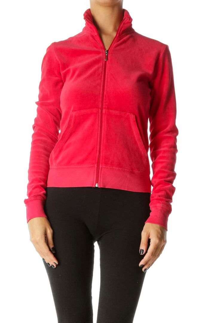 Red Stretch Long Sleeve Zippered Fitted Jacket