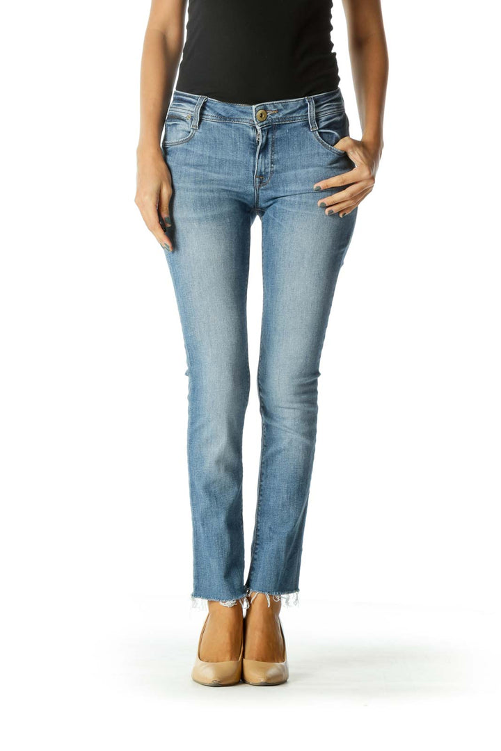 Blue Light Wash Stretch High Rise Raw Hem Denim Jeans