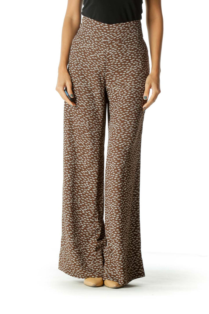 Beige Brown Printed Wide-Leg Lightweight Pants