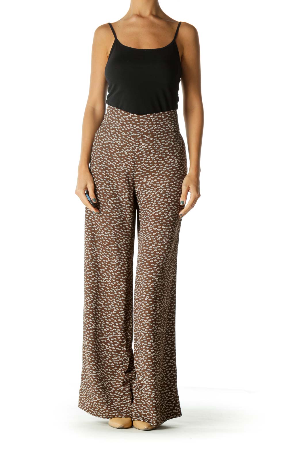 Beige Brown Printed Wide-Leg Lightweight Pants