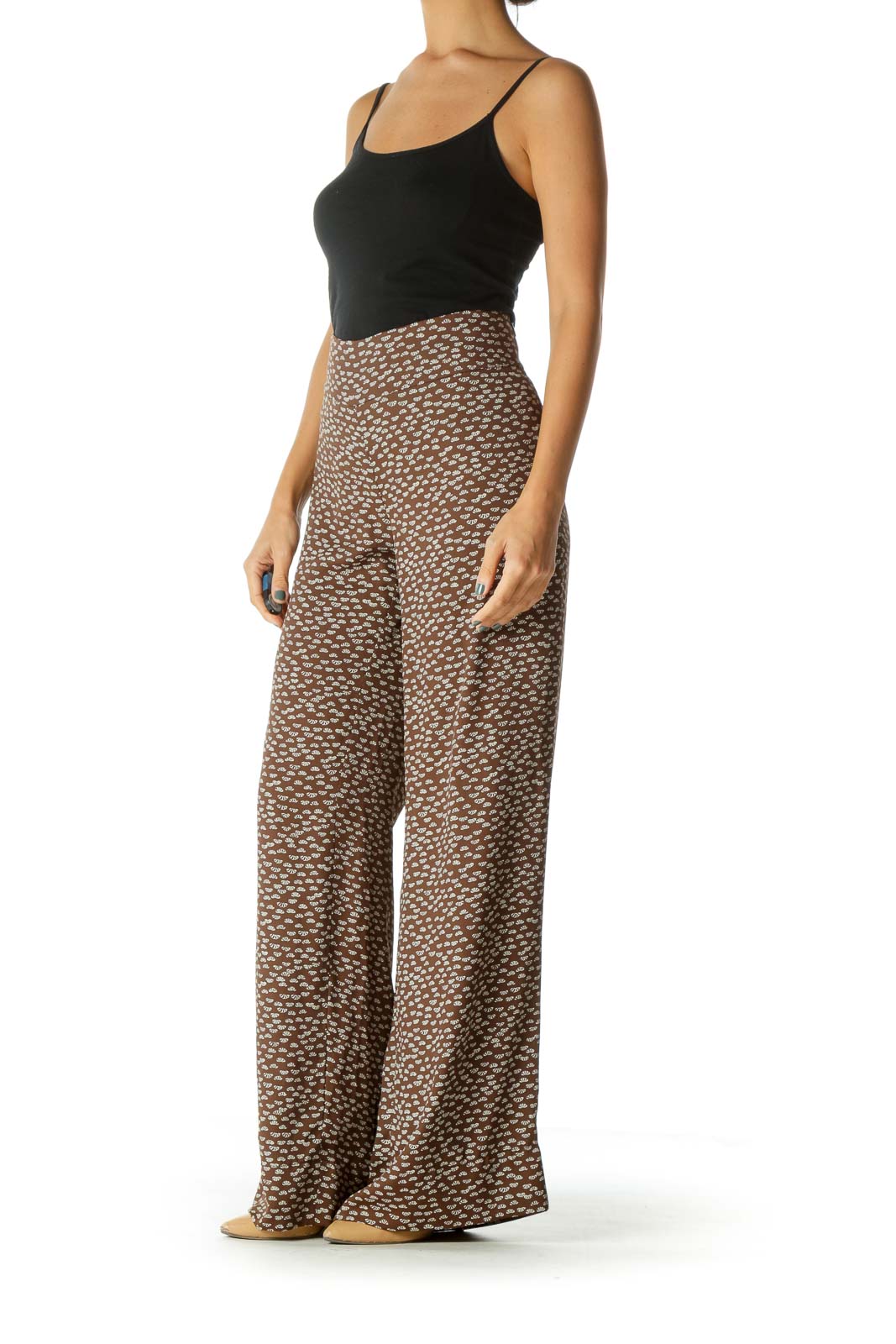 Beige Brown Printed Wide-Leg Lightweight Pants