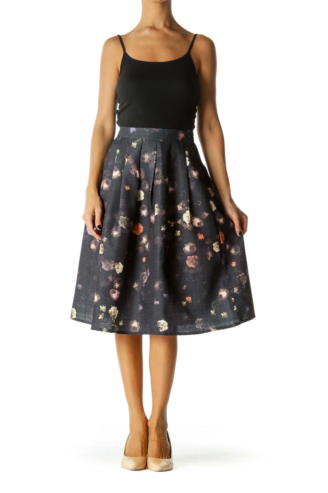 Black Purple Floral Midi Pleat Skirt