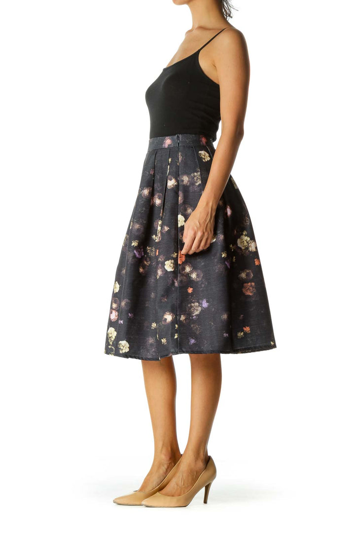 Black Purple Floral Midi Pleat Skirt