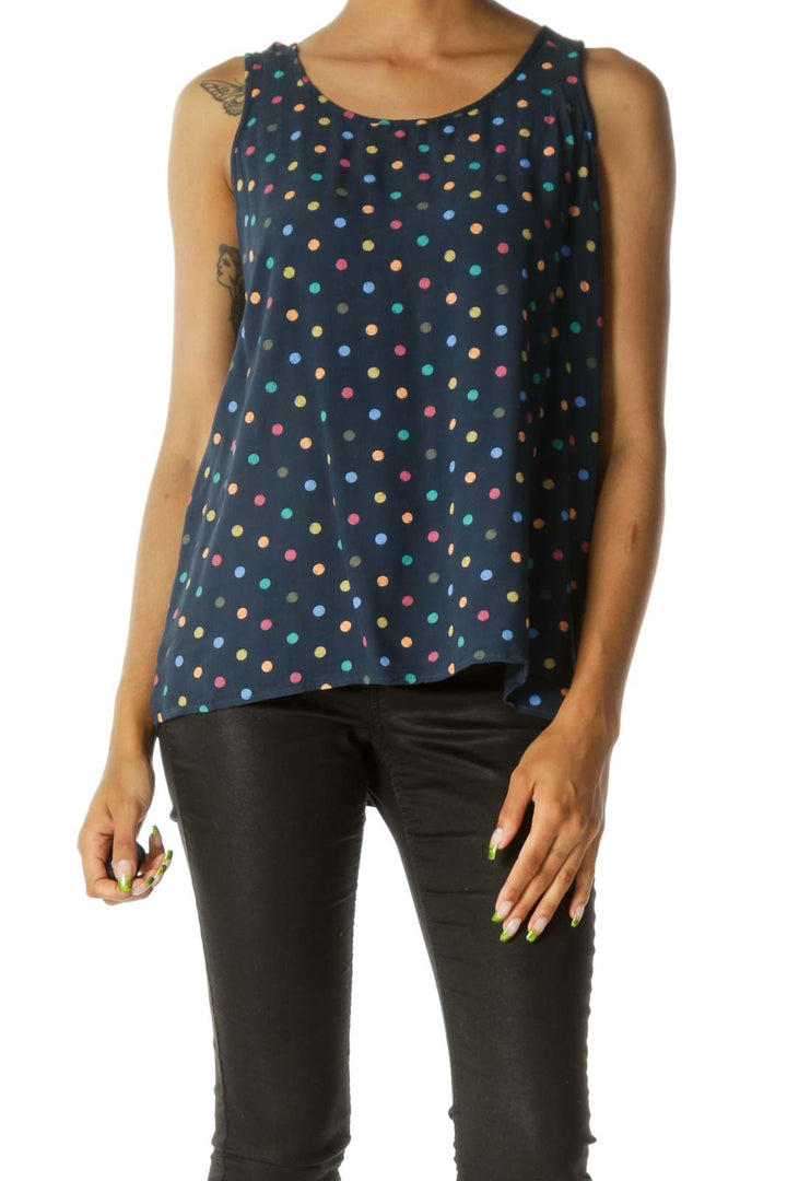 Blue Multicolored Dotted Print Textured Feel Flared Tank Top