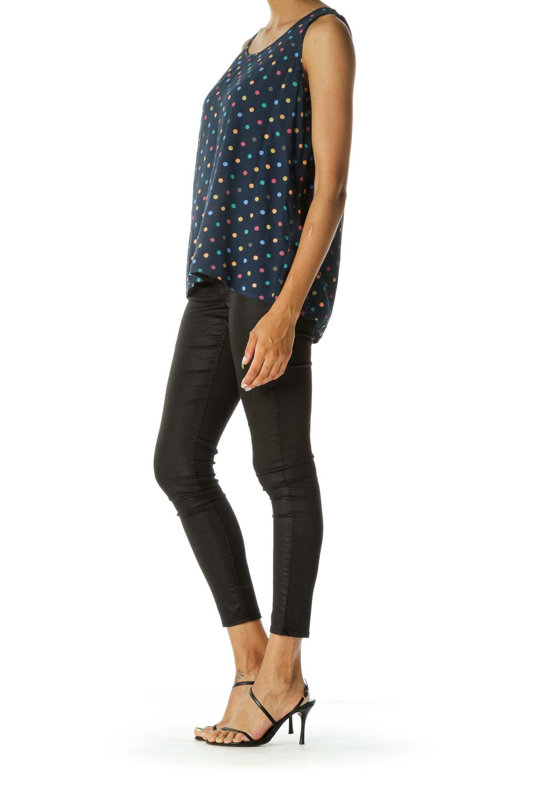 Blue Multicolored Dotted Print Textured Feel Flared Tank Top