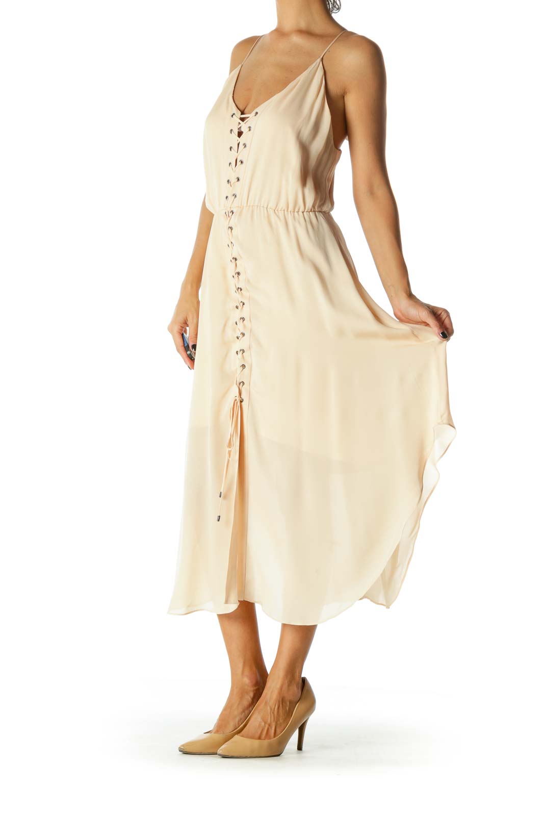 Light Peach Criscross Elastic Waist V-Neck Dress