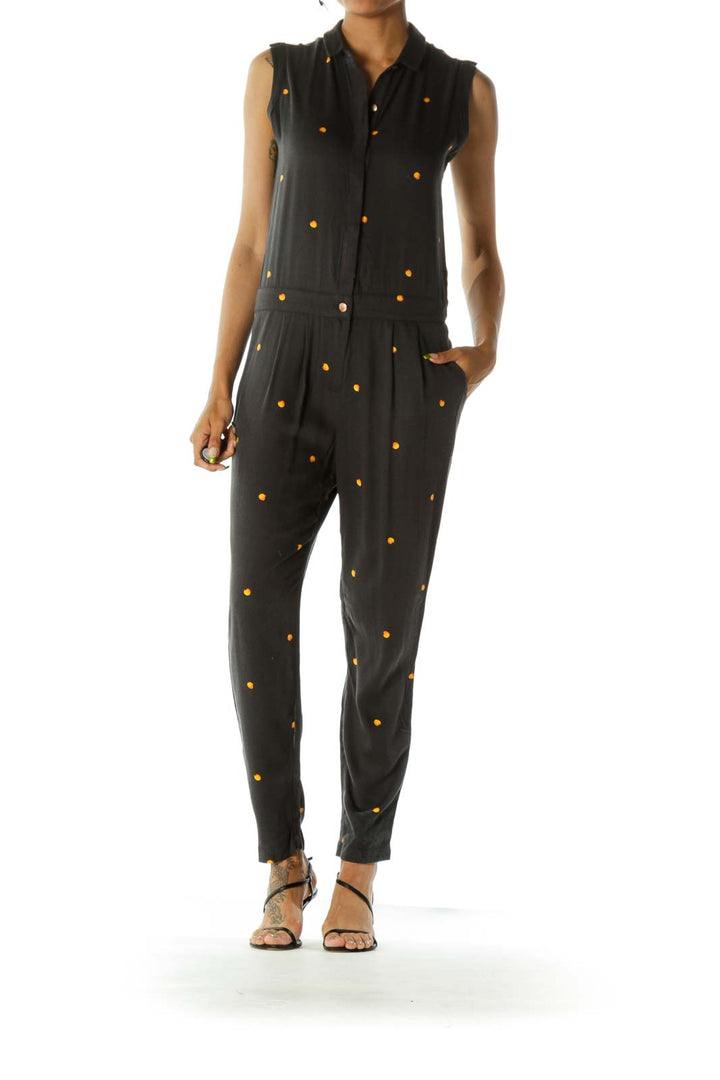 Faded Black Orange Peach Print Metallic Buttons Jumpsuit