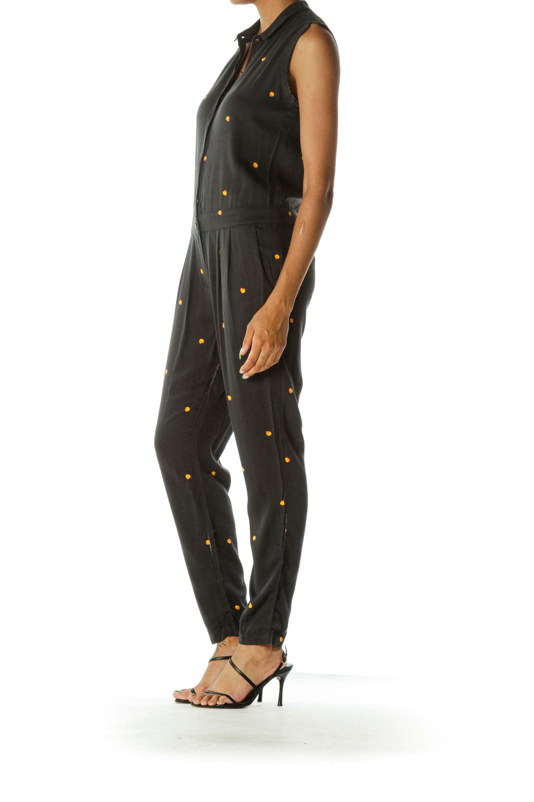 Faded Black Orange Peach Print Metallic Buttons Jumpsuit