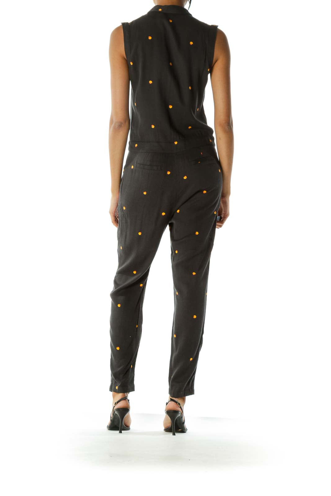 Faded Black Orange Peach Print Metallic Buttons Jumpsuit