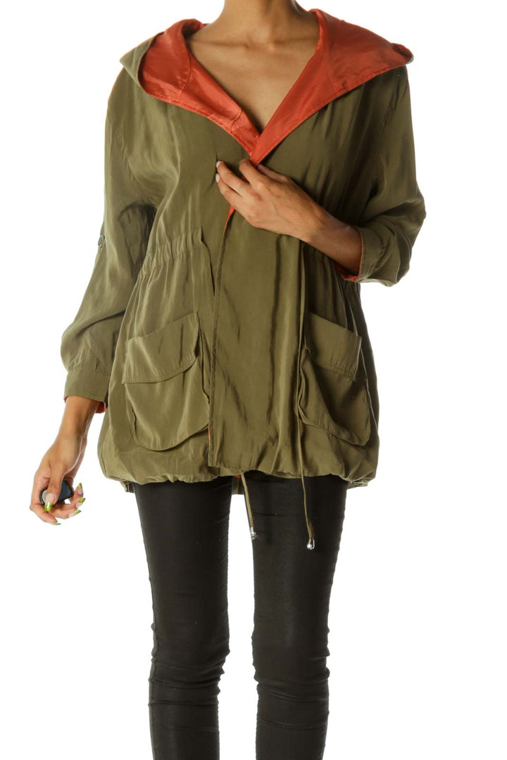 Olive Green Hooded Drawstring Open Jacket