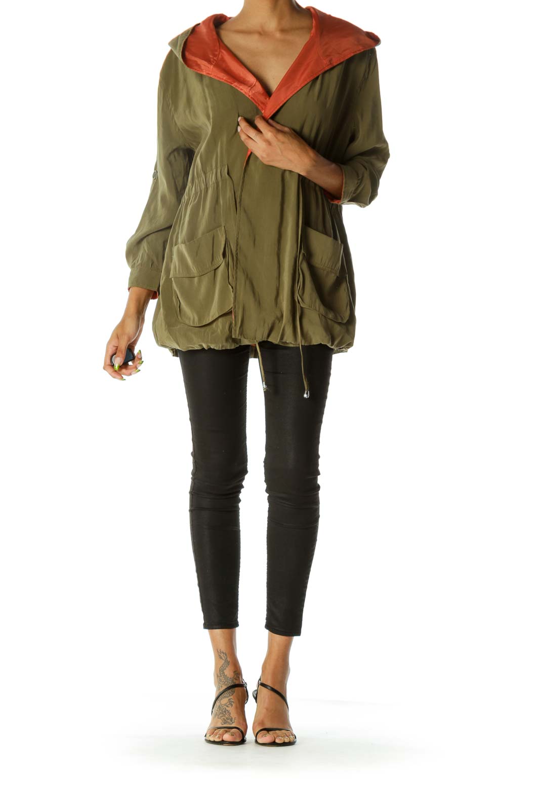 Olive Green Hooded Drawstring Open Jacket