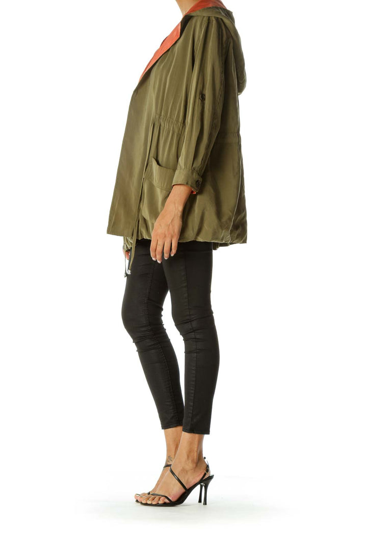 Olive Green Hooded Drawstring Open Jacket