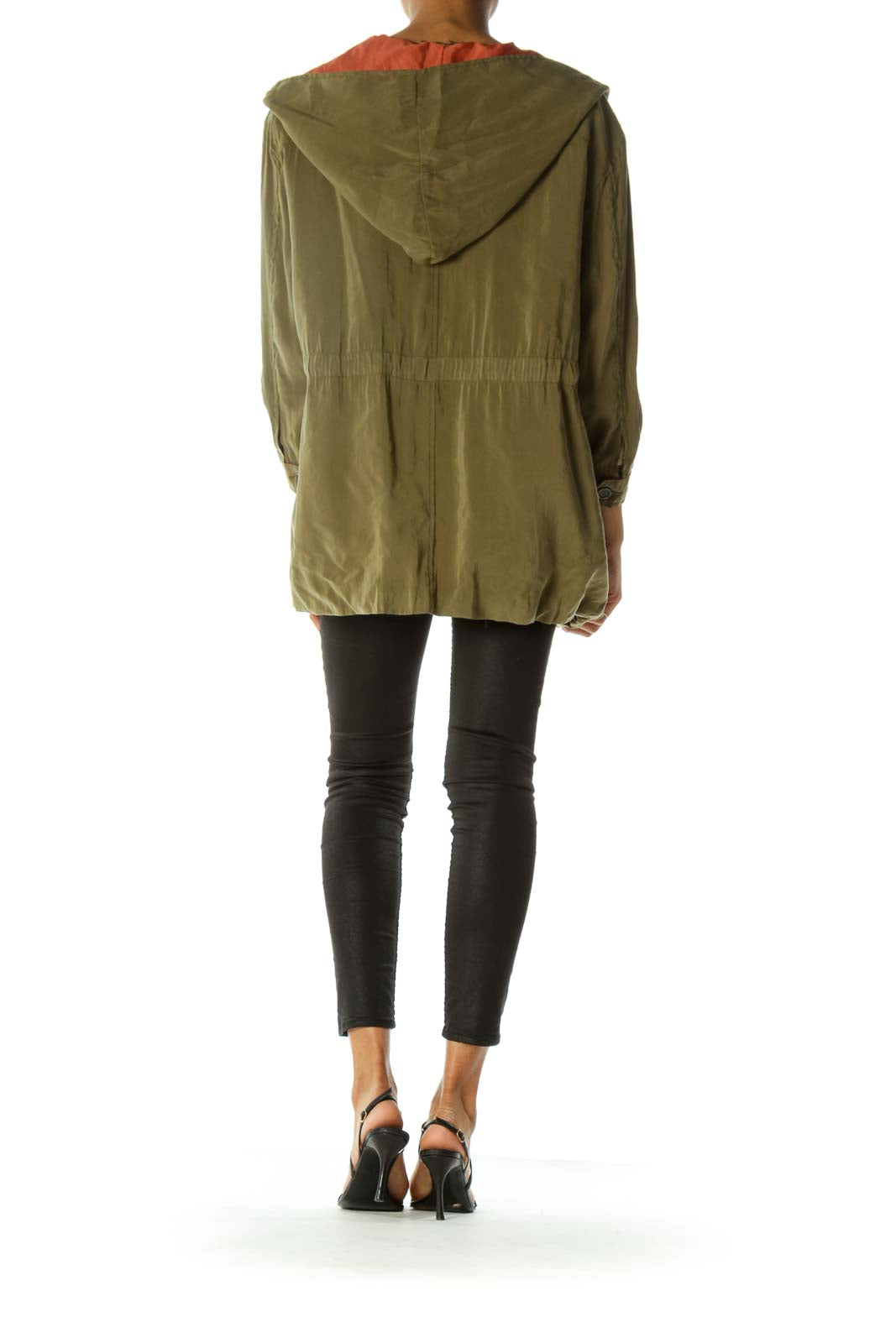 Olive Green Hooded Drawstring Open Jacket