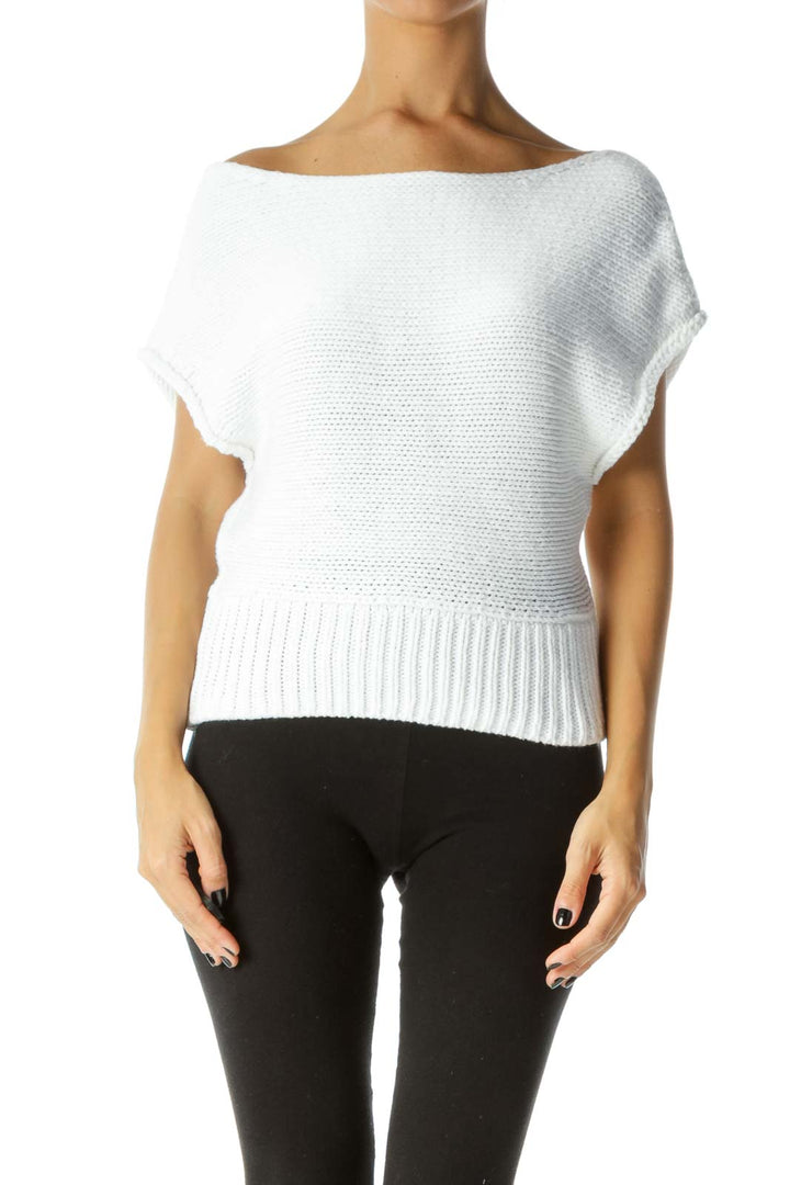 White Boat Neck Cap Sleeves Knit Top