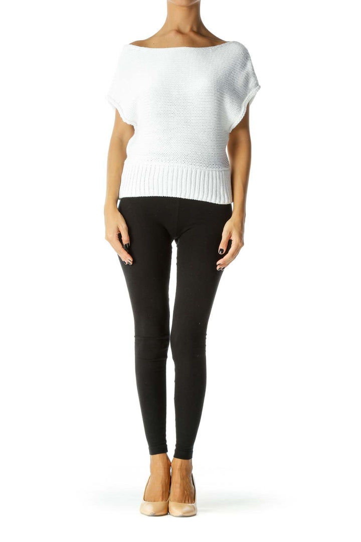 White Boat Neck Cap Sleeves Knit Top