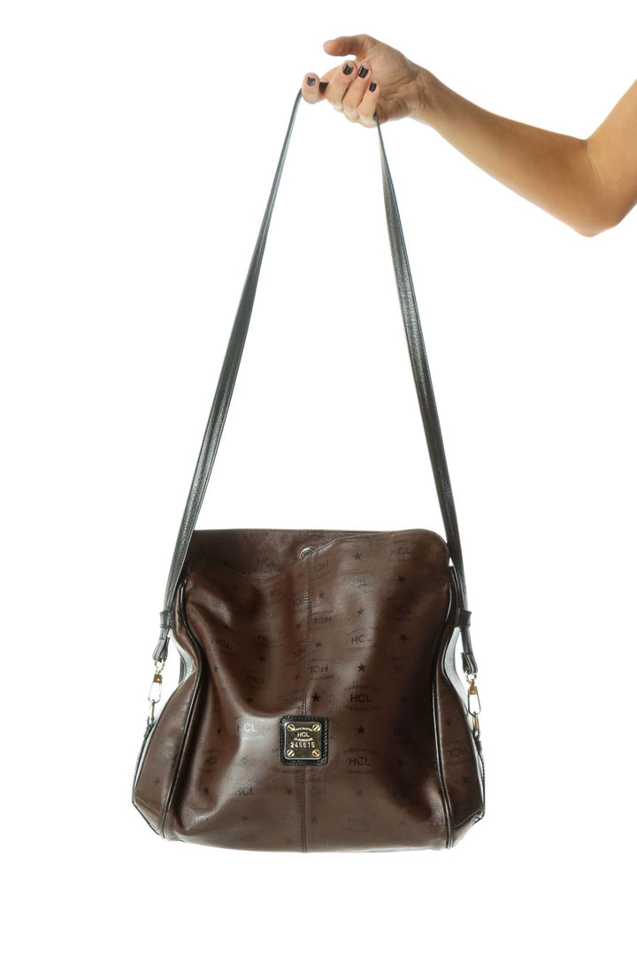 Brown Black Gold Hardware Brand Printing Leather Crossbody Bag