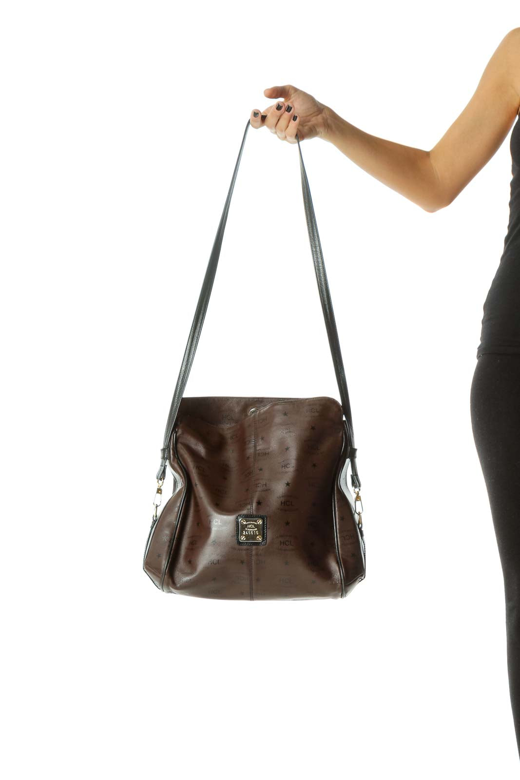 Brown Black Gold Hardware Brand Printing Leather Crossbody Bag