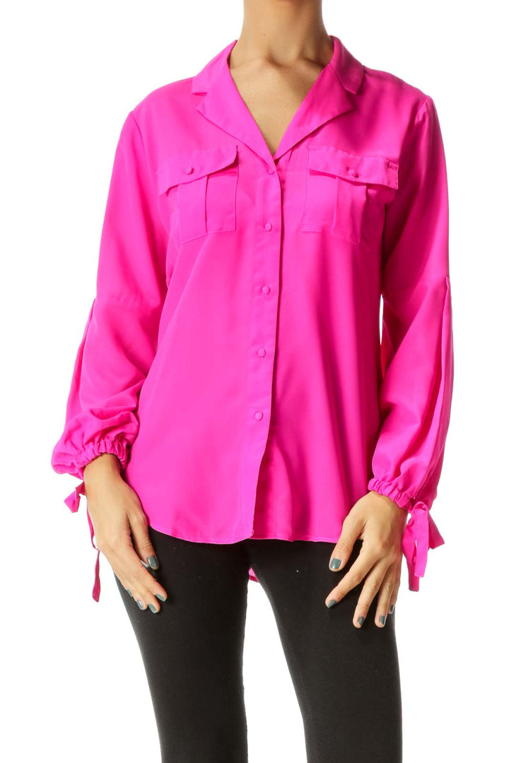 Hot Pink V-Neck Sleeve Bow Details Shirt