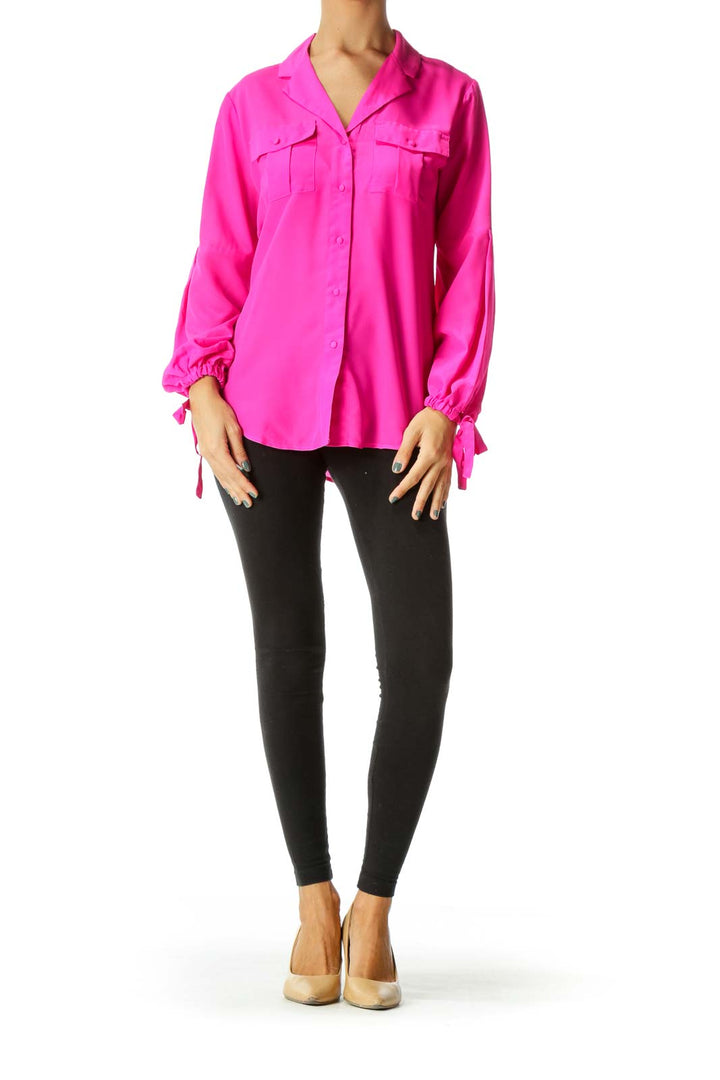 Hot Pink V-Neck Sleeve Bow Details Shirt