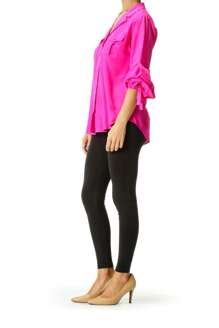 Hot Pink V-Neck Sleeve Bow Details Shirt