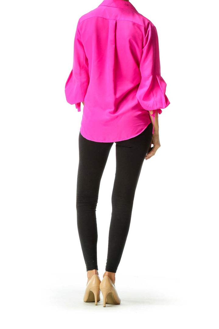 Hot Pink V-Neck Sleeve Bow Details Shirt