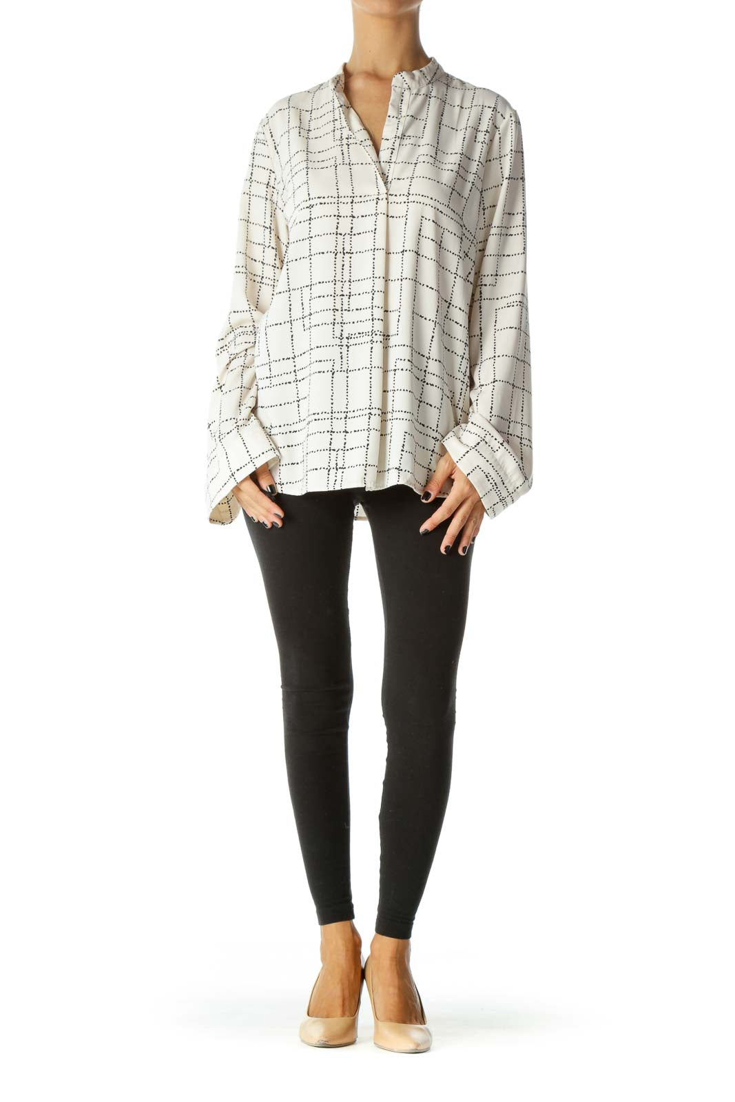 Black Cream Print Collared Long Sleeve Shirt