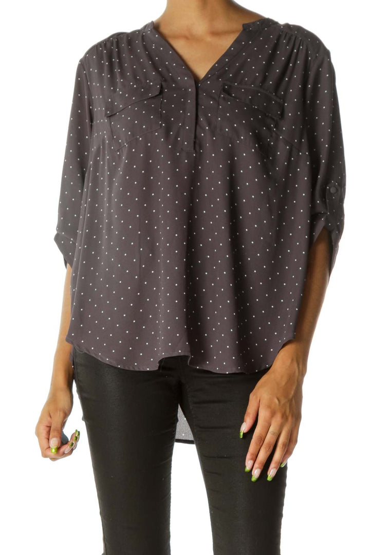 Gray White Dotted Breast Pockets V-Neck Light Shirt