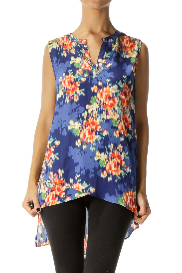 Blue Orange Printed V-Neck Tunic Tank Top