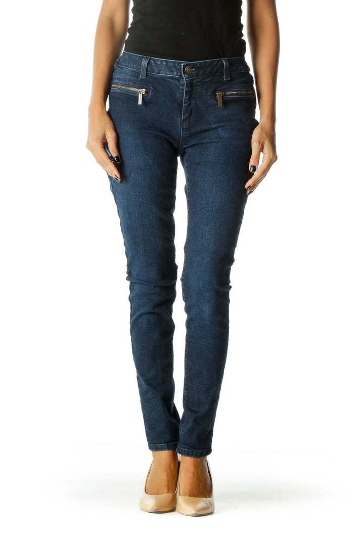 Blue Dark Wash Zipper Details Skinny Denim Jeans