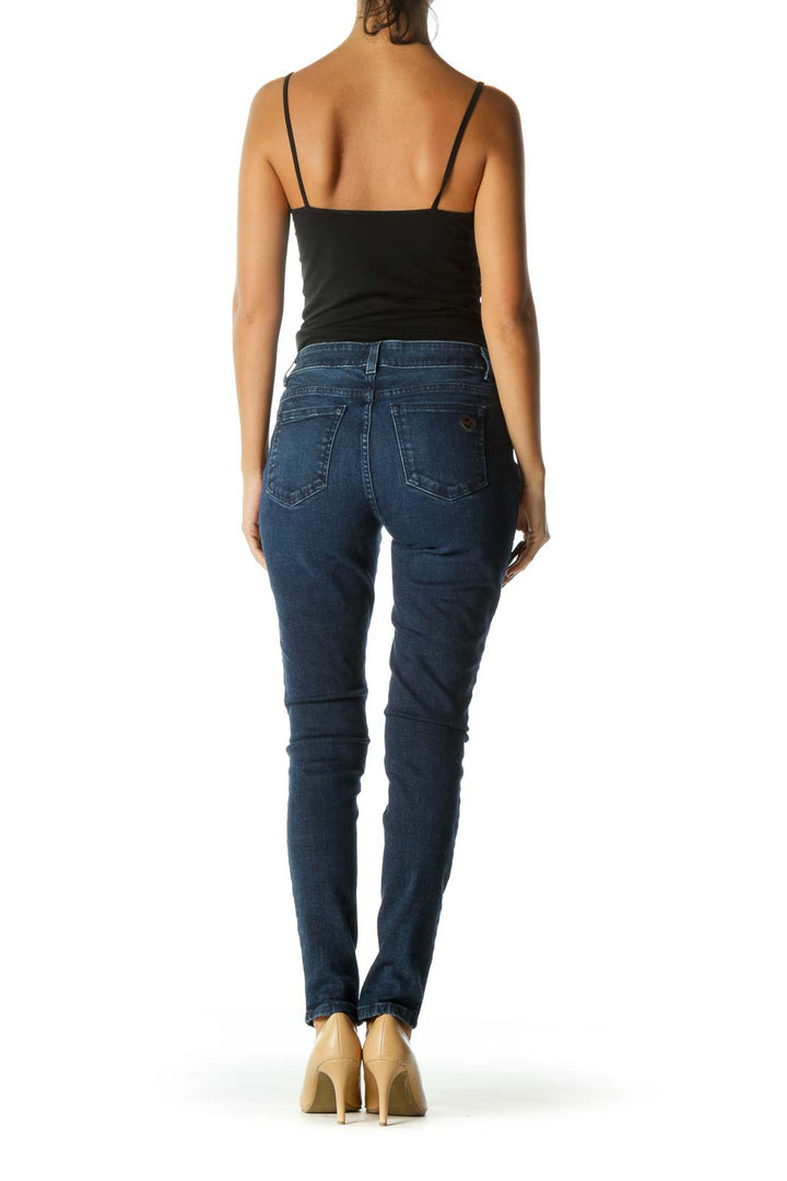 Blue Dark Wash Zipper Details Skinny Denim Jeans