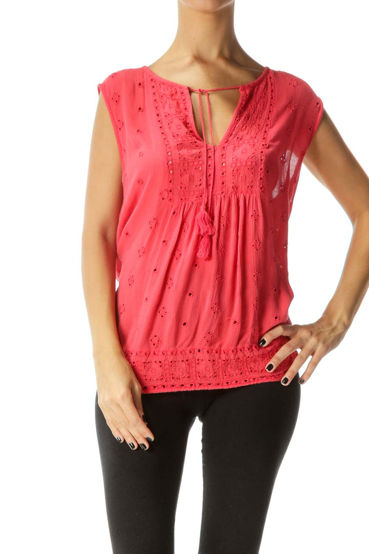 Coral Pink V-Neck Eyelet Knit Flared Tank Top