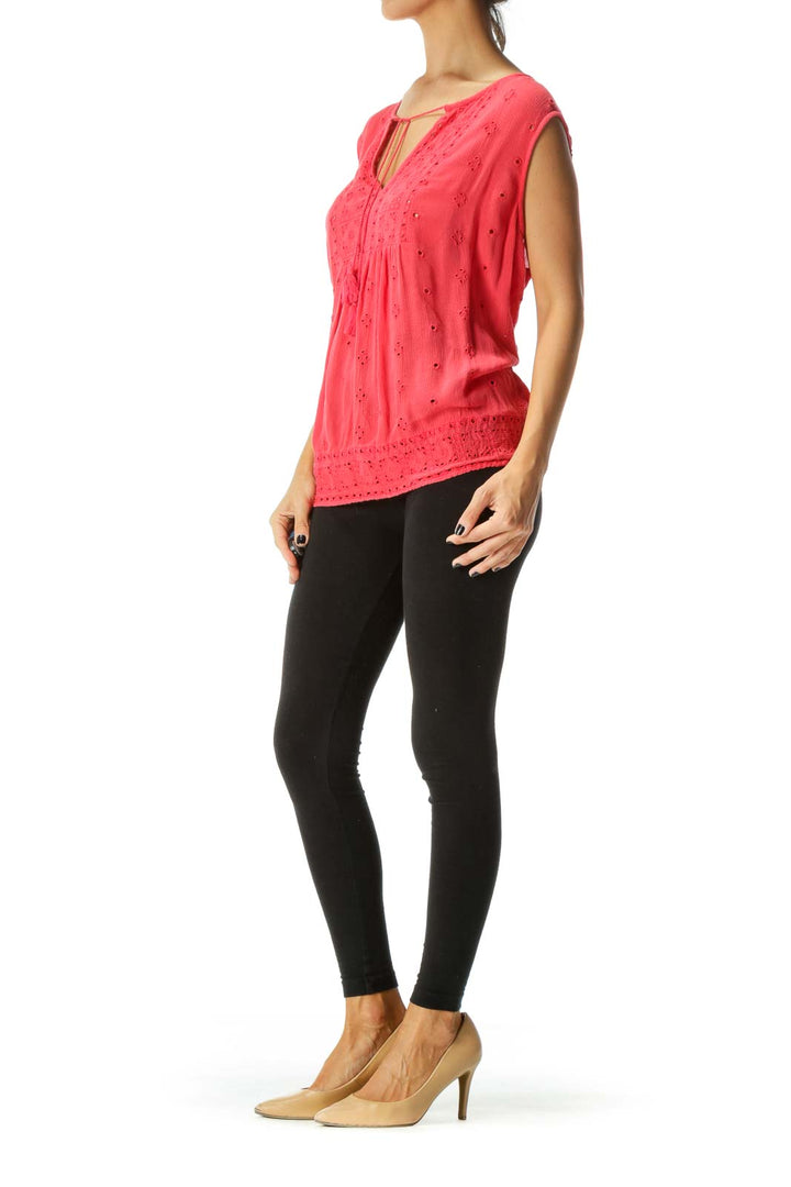 Coral Pink V-Neck Eyelet Knit Flared Tank Top