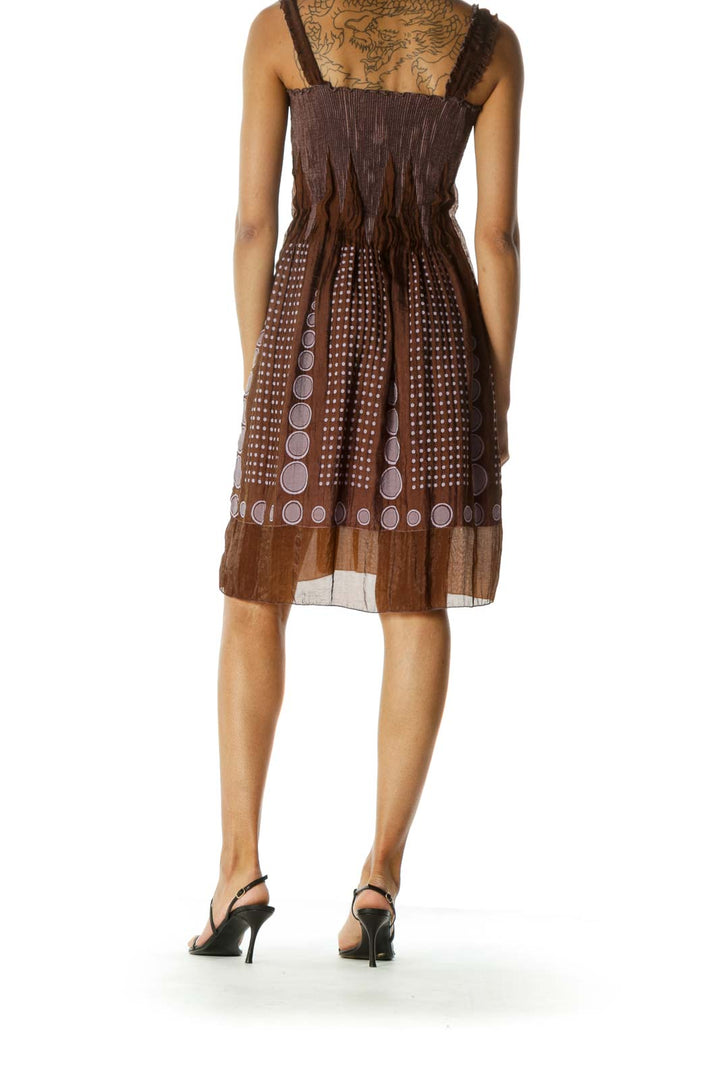 Brown Light Purple Textured Print Shirring Flared Dress