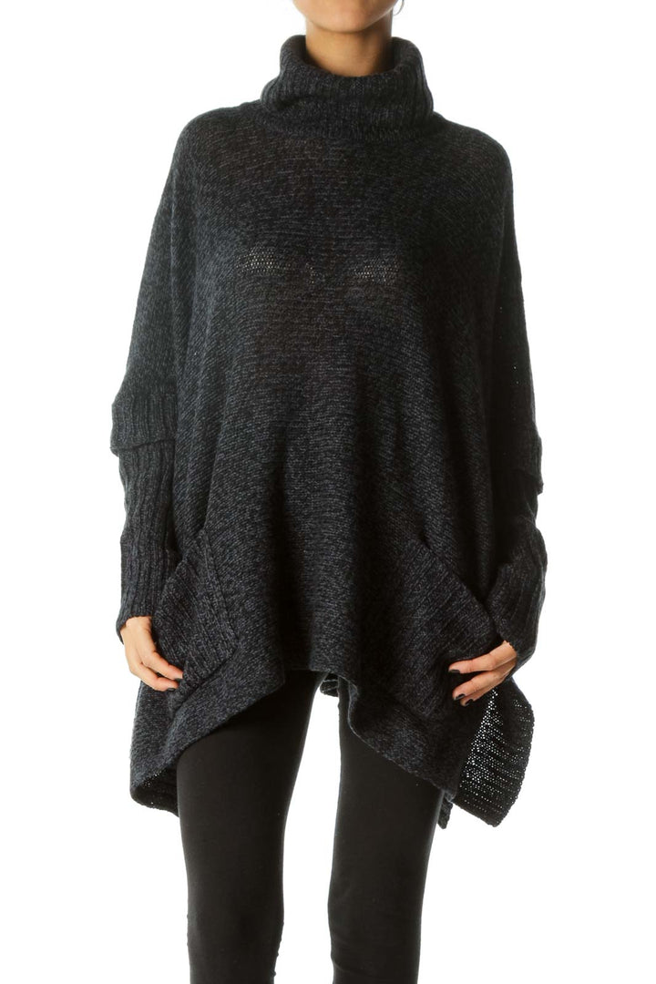 Black Blue Turtle Neck Long Sleeve Pocketed Poncho Style Knit Top