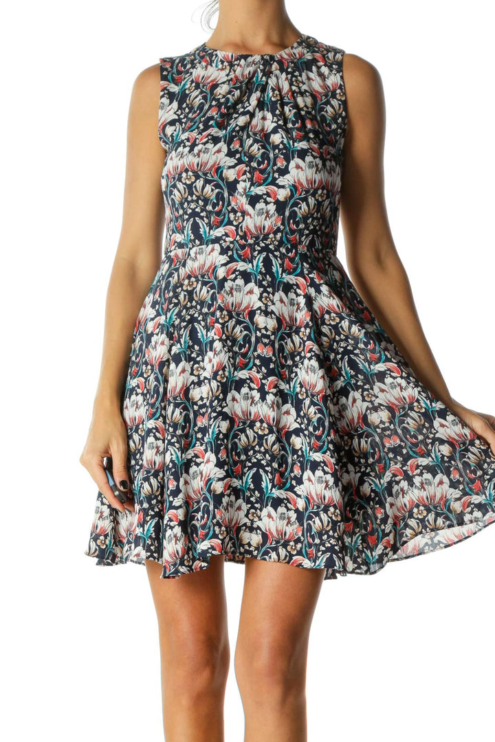 Blue White Orange Floral-Print Cinched Waist Dress