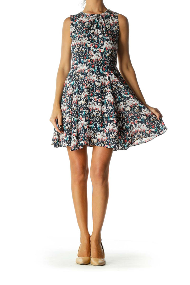 Blue White Orange Floral-Print Cinched Waist Dress