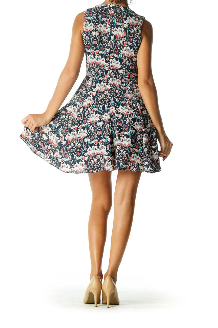 Blue White Orange Floral-Print Cinched Waist Dress