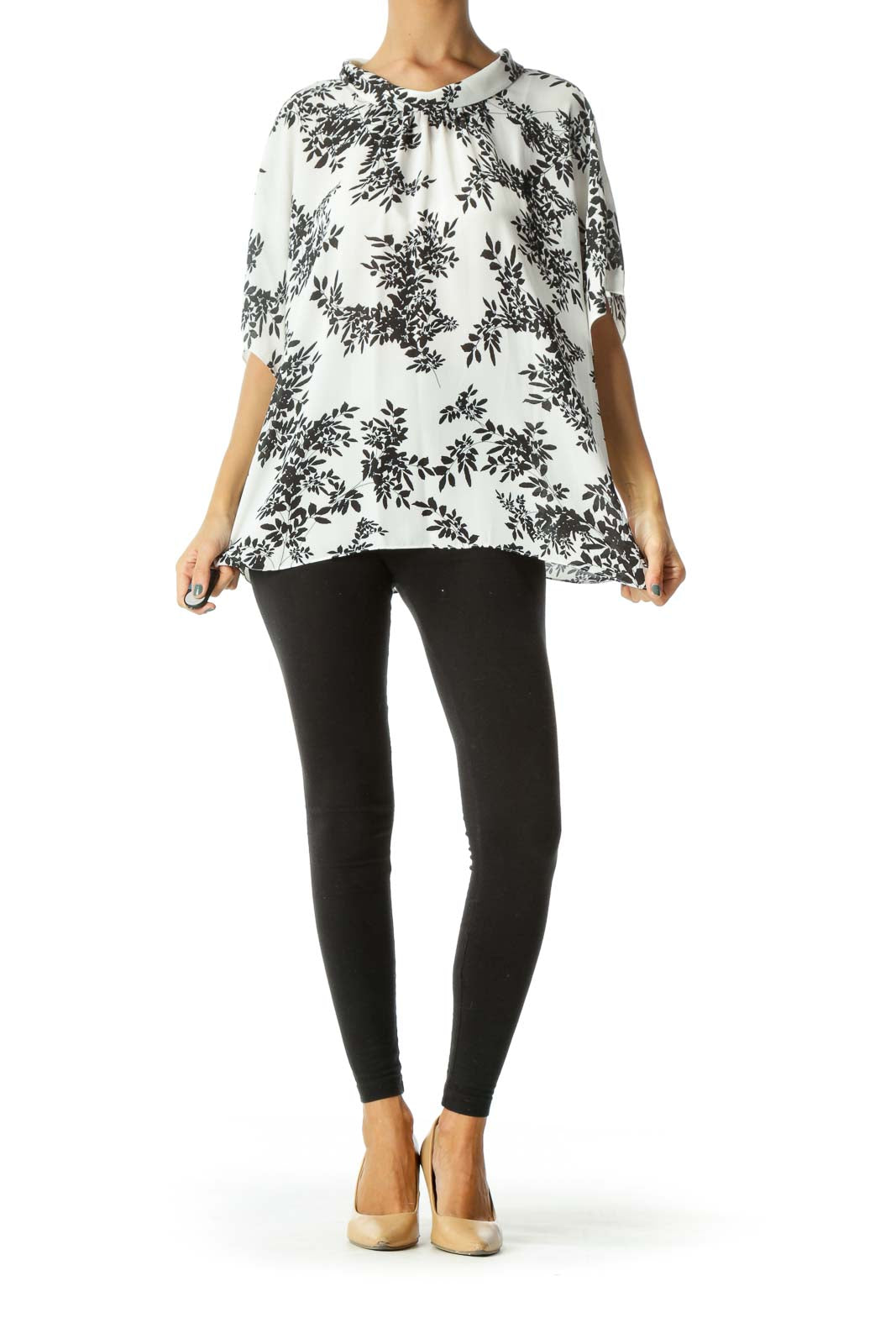 Off-White Black Leaves Print Flared Sleeves Blouse