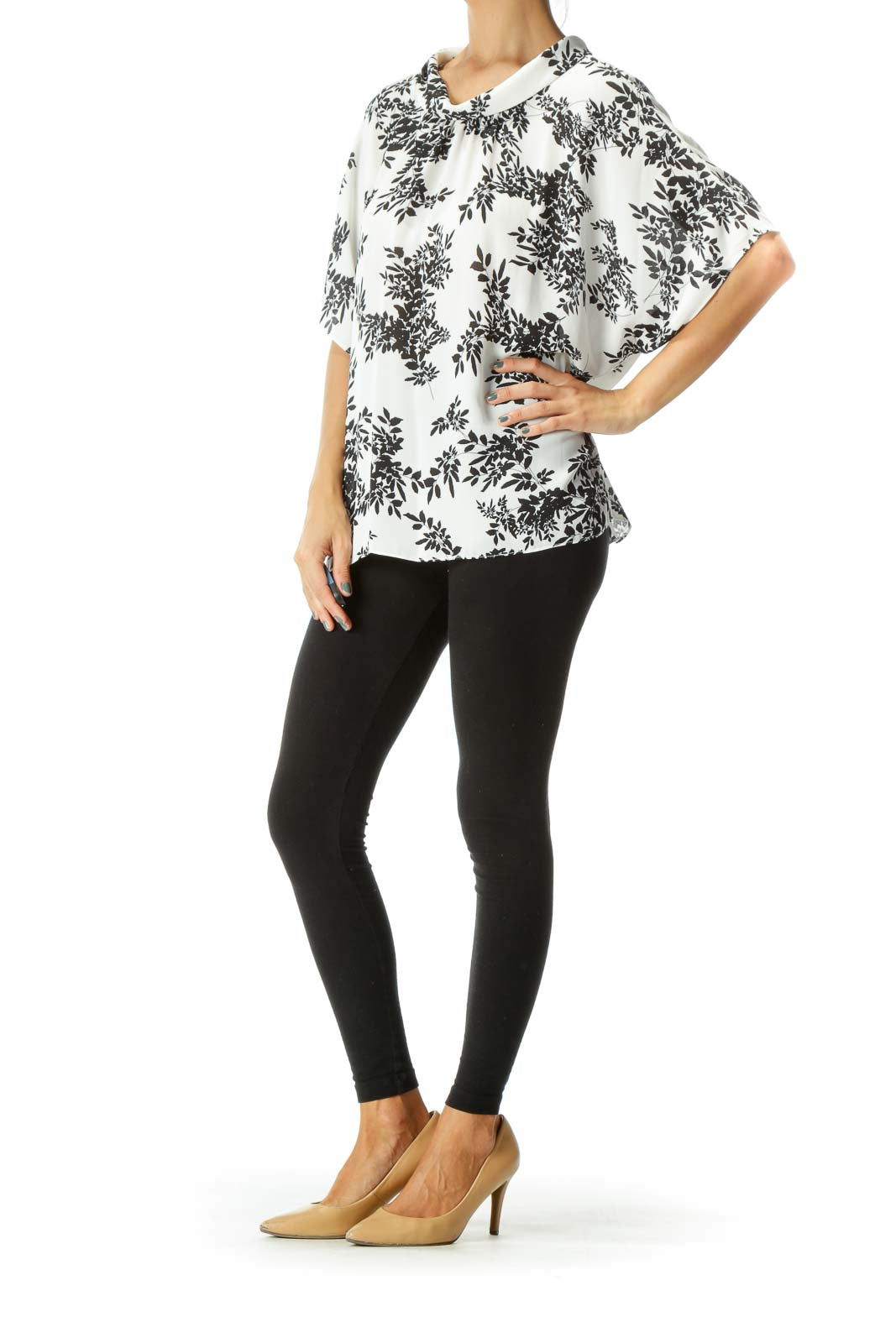 Off-White Black Leaves Print Flared Sleeves Blouse