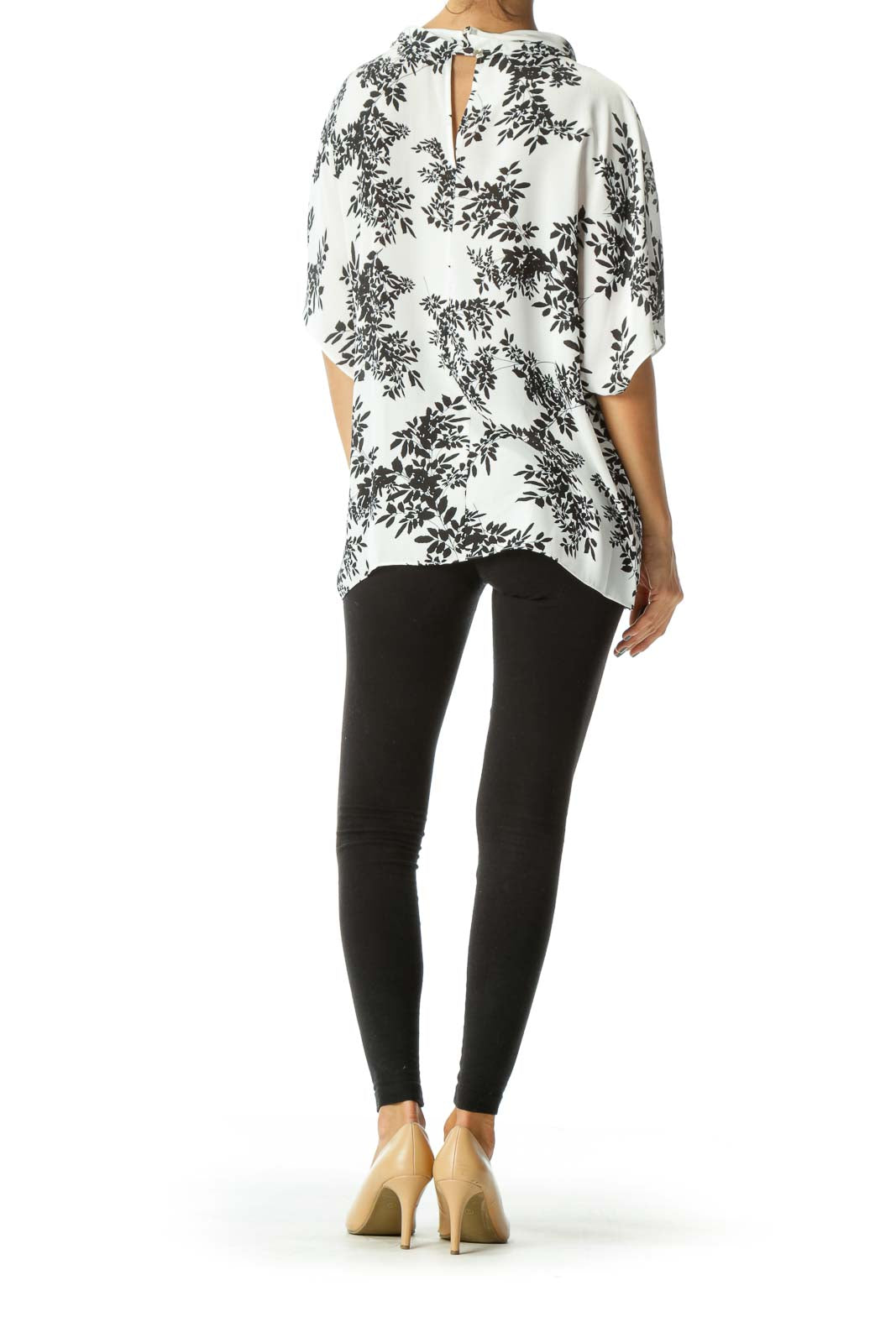 Off-White Black Leaves Print Flared Sleeves Blouse