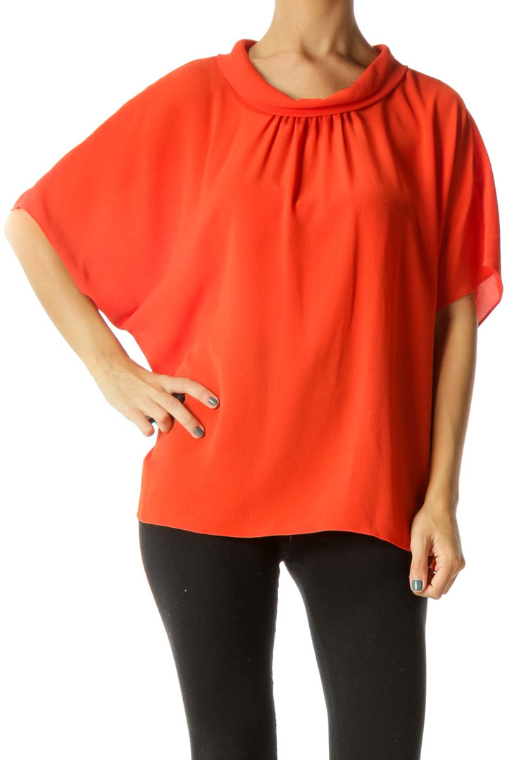 Orange Gold Buttons Short Sleeve Flared Blouse