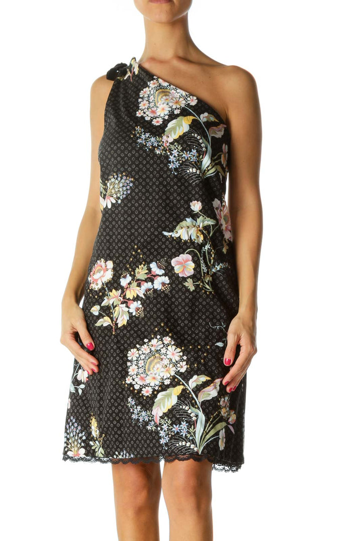 Black Multicolored-Floral Print Studded Velvet Shoulder Knot Textured Dress