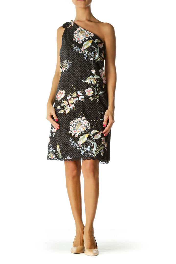 Black Multicolored-Floral Print Studded Velvet Shoulder Knot Textured Dress