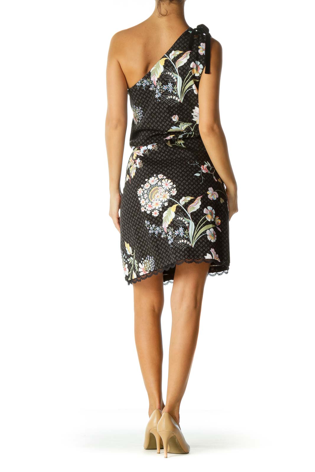 Black Multicolored-Floral Print Studded Velvet Shoulder Knot Textured Dress